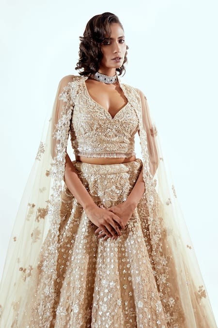 Pallavi Poddar_Beige Organza Sequins V-neck Embroidered Lehenga Set _Online_at_Aza_Fashions