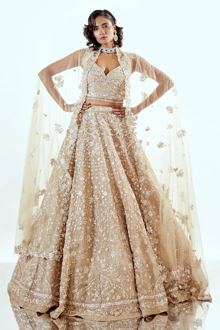 Pallavi Poddar Beige Organza Embroidered Lehenga Set 