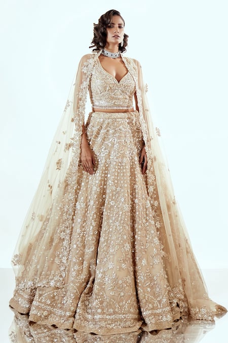 Buy_Pallavi Poddar_Beige Organza Sequins V-neck Embroidered Lehenga Set _Online_at_Aza_Fashions
