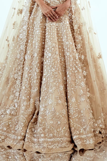 Pallavi Poddar_Beige Organza Sequins V-neck Embroidered Lehenga Set _at_Aza_Fashions