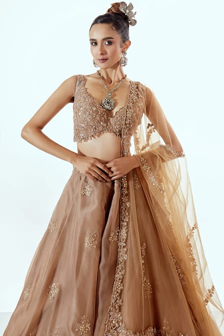 Pallavi Poddar_Brown Organza, Tulle Pearls, Sequins V-neck Lehenga Set With Dupatta _Online_at_Aza_Fashions