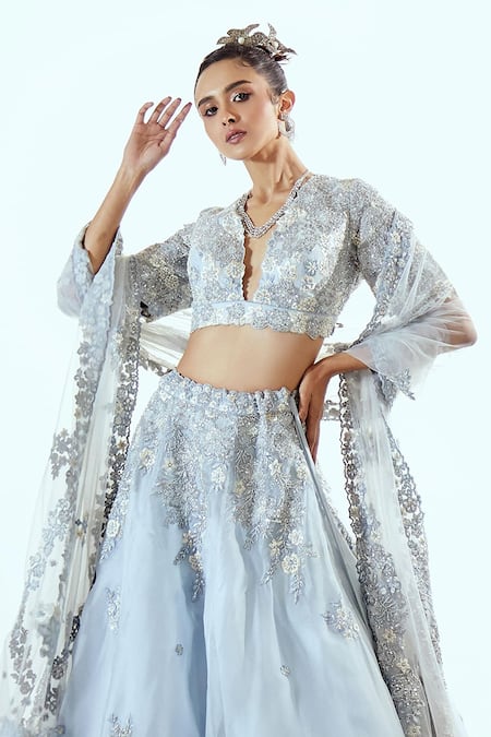 Buy_Pallavi Poddar_Aqua Organza Pearls, Cut Work V-neck Blue Designer Lehenga Set _Online_at_Aza_Fashions