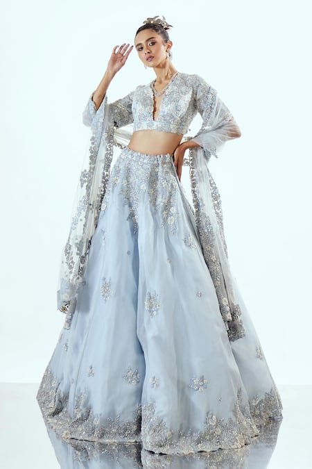 Shop_Pallavi Poddar_Aqua Organza Pearls, Cut Work V-neck Blue Designer Lehenga Set _Online_at_Aza_Fashions