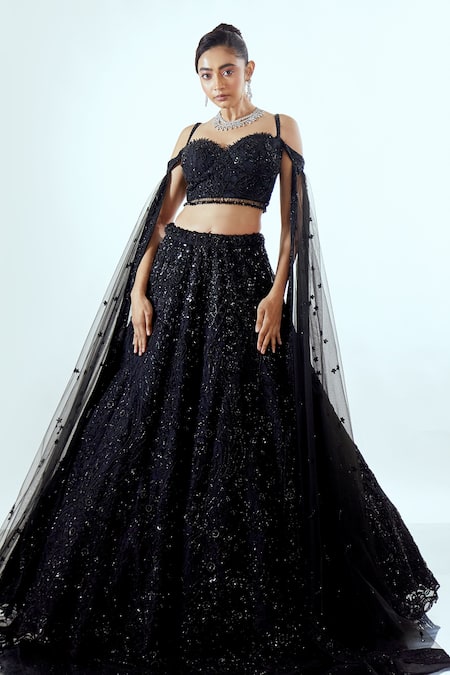 Pallavi Poddar Embellished Black Organza Lehenga Set 
