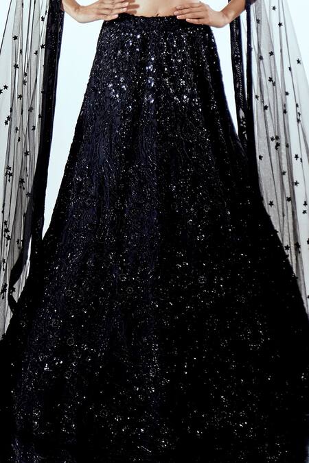 Buy_Pallavi Poddar_Black Organza Sequins, Embroidery Sweetheart Neck Embellished Lehenga Set _Online_at_Aza_Fashions