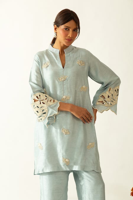Neitri Aqua Silk, Cotton Embroidery, Pearls Mandarin Collar Kurta Set Online at Aza Fashions Neitri_Aqua Silk, Cotton Embroidery, Pearls Mandarin Collar Kurta Set _Online_at_Aza_Fashions