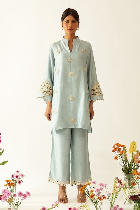 Buy Neitri Aqua Silk, Cotton Embroidery, Pearls Mandarin Collar Kurta Set Online at Aza Fashions Buy_Neitri_Aqua Silk, Cotton Embroidery, Pearls Mandarin Collar Kurta Set _Online_at_Aza_Fashions