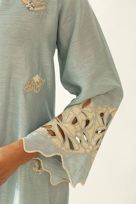 Shop Neitri Aqua Silk, Cotton Embroidery, Pearls Mandarin Collar Kurta Set Online at Aza Fashions Shop_Neitri_Aqua Silk, Cotton Embroidery, Pearls Mandarin Collar Kurta Set _Online_at_Aza_Fashions