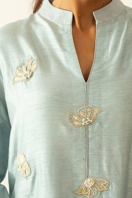 Neitri Aqua Silk, Cotton Embroidery, Pearls Mandarin Collar Kurta Set at Aza Fashions Neitri_Aqua Silk, Cotton Embroidery, Pearls Mandarin Collar Kurta Set _at_Aza_Fashions