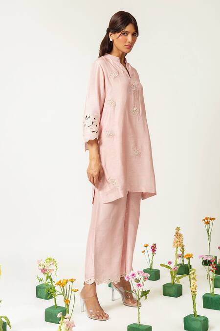 Neitri_Pink Silk, Viscose Embroidery Mandarin Collar Pastel Kurta Set _Online_at_Aza_Fashions