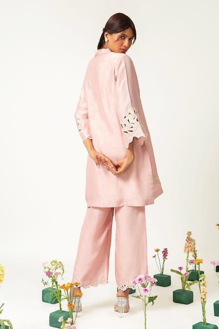 Shop_Neitri_Pink Silk, Viscose Embroidery Mandarin Collar Pastel Kurta Set _at_Aza_Fashions