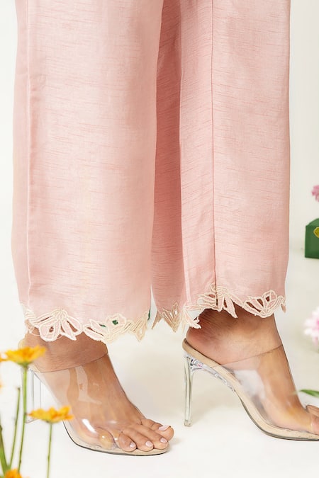 Buy_Neitri_Pink Silk, Viscose Embroidery Mandarin Collar Pastel Kurta Set _Online_at_Aza_Fashions