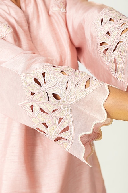 Shop_Neitri_Pink Silk, Viscose Embroidery Mandarin Collar Pastel Kurta Set _Online_at_Aza_Fashions