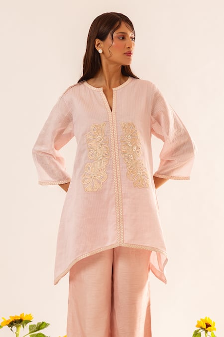 Neitri_Pink Chanderi, Silk Embroidery Mandarin Collar Pastel Hand Kurta Set _Online_at_Aza_Fashions