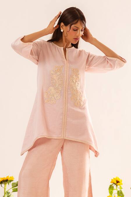 Buy_Neitri_Pink Chanderi, Silk Embroidery Mandarin Collar Pastel Hand Kurta Set _Online_at_Aza_Fashions
