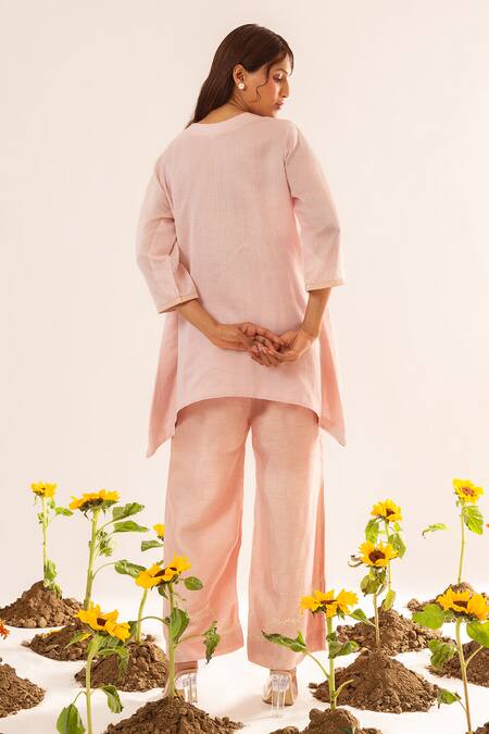 Shop_Neitri_Pink Chanderi, Silk Embroidery Mandarin Collar Pastel Hand Kurta Set _at_Aza_Fashions