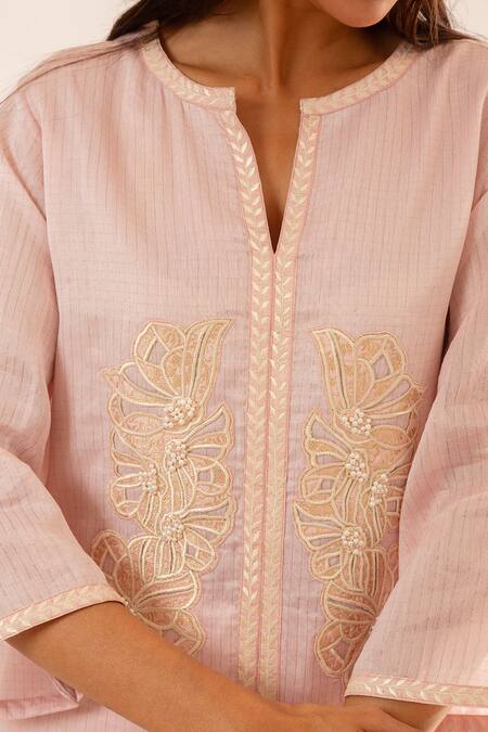 Shop_Neitri_Pink Chanderi, Silk Embroidery Mandarin Collar Pastel Hand Kurta Set _Online_at_Aza_Fashions