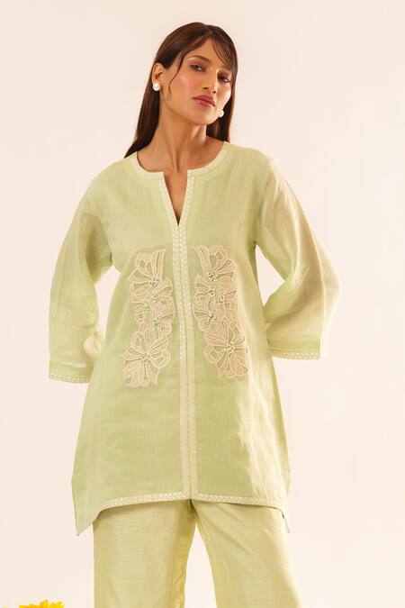 Neitri Green Chanderi, Silk Embroidery Mandarin Collar Sage Hand Kurta Set Online at Aza Fashions Neitri_Green Chanderi, Silk Embroidery Mandarin Collar Sage Hand Kurta Set _Online_at_Aza_Fashions