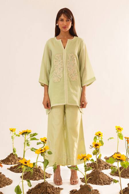 Buy Neitri Green Chanderi, Silk Embroidery Mandarin Collar Sage Hand Kurta Set Online at Aza Fashions Buy_Neitri_Green Chanderi, Silk Embroidery Mandarin Collar Sage Hand Kurta Set _Online_at_Aza_Fashions