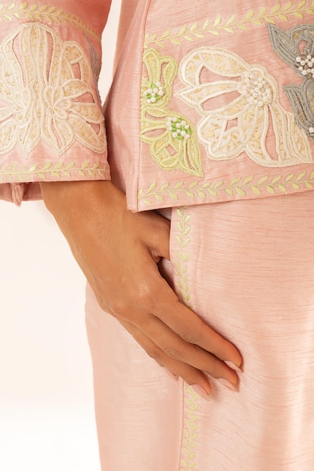 Buy_Neitri_Blue Silk, Viscose Embroidery Mandarin Collar Lustre Bloom Co-ord Set _Online_at_Aza_Fashions