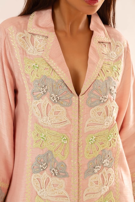 Shop_Neitri_Blue Silk, Viscose Embroidery Mandarin Collar Lustre Bloom Co-ord Set _Online_at_Aza_Fashions