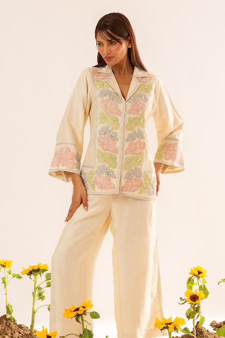 Shop_Neitri_White Silk, Viscose Embroidery Split V-neck Opal Gleam Co-ord Set _Online_at_Aza_Fashions