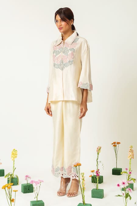 Neitri_White Silk, Viscose Embroidery Mandarin Collar Ethereal Glow Co-ord Set _Online_at_Aza_Fashions
