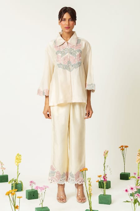 Buy_Neitri_White Silk, Viscose Embroidery Mandarin Collar Ethereal Glow Co-ord Set _Online_at_Aza_Fashions