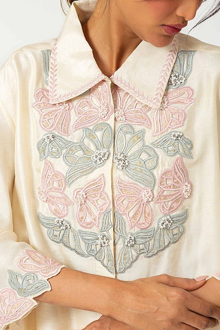 Shop_Neitri_White Silk, Viscose Embroidery Mandarin Collar Ethereal Glow Co-ord Set _Online_at_Aza_Fashions