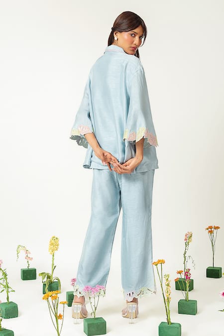 Neitri Aqua Blue Hand Embroidered Pant Set 