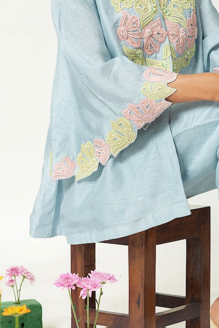 Buy_Neitri_Aqua Silk, Viscose Embroidery Mandarin Collar Blue Hand Pant Set _Online_at_Aza_Fashions