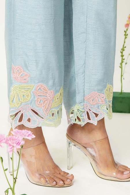 Shop_Neitri_Aqua Silk, Viscose Embroidery Mandarin Collar Blue Hand Pant Set _Online_at_Aza_Fashions