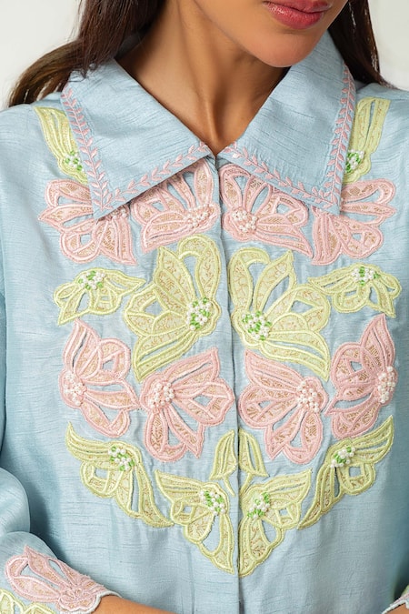 Neitri_Aqua Silk, Viscose Embroidery Mandarin Collar Blue Hand Pant Set _at_Aza_Fashions