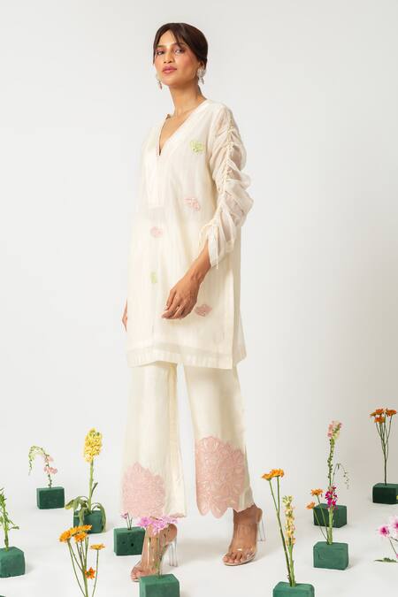 Shop_Neitri_White Chanderi, Silk Embroidery Mandarin Collar Ivory Dew Kurta Set _Online_at_Aza_Fashions