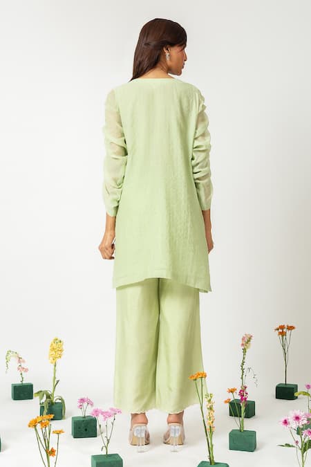 Neitri_Green Cotton Embroidery, Lace V-neck Mint Whisper Kurta Set _Online_at_Aza_Fashions