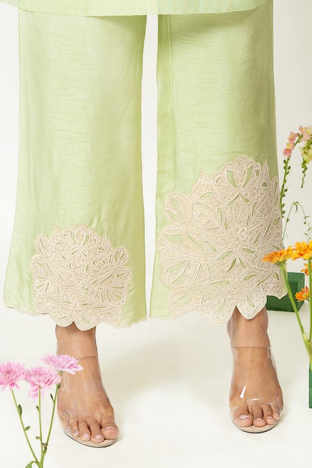 Neitri_Green Cotton Embroidery, Lace V-neck Mint Whisper Kurta Set _at_Aza_Fashions