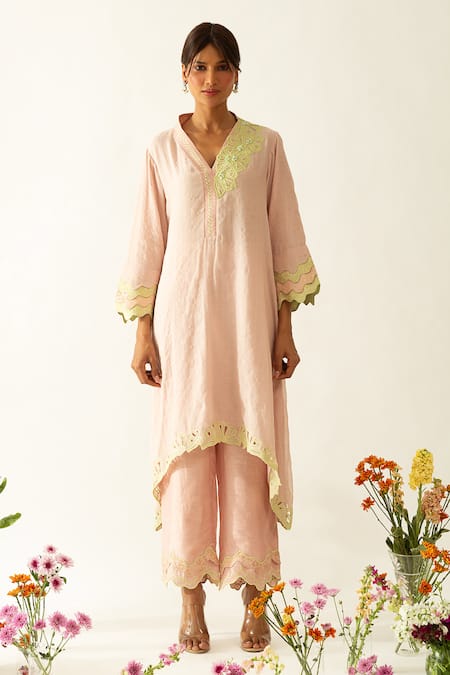 Neitri_Pink Chanderi, Silk Embroidery Mandarin Collar Petal Whisper Kurta Set _Online_at_Aza_Fashions