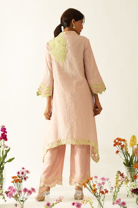 Shop_Neitri_Pink Chanderi, Silk Embroidery Mandarin Collar Petal Whisper Kurta Set _at_Aza_Fashions