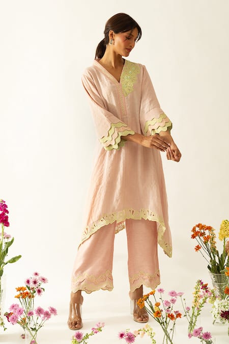 Buy_Neitri_Pink Chanderi, Silk Embroidery Mandarin Collar Petal Whisper Kurta Set _Online_at_Aza_Fashions