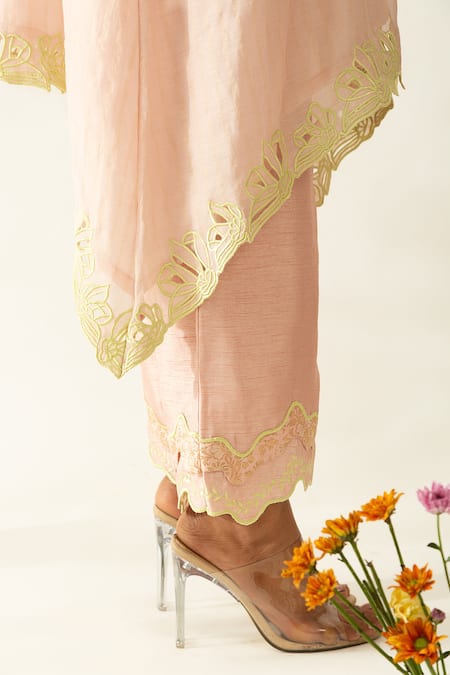 Shop_Neitri_Pink Chanderi, Silk Embroidery Mandarin Collar Petal Whisper Kurta Set _Online_at_Aza_Fashions