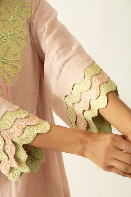 Neitri_Pink Chanderi, Silk Embroidery Mandarin Collar Petal Whisper Kurta Set _at_Aza_Fashions