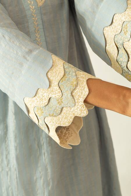 Neitri_Aqua Cotton Pearls, Embroidery V-neck Blue Kurta Set _Online_at_Aza_Fashions