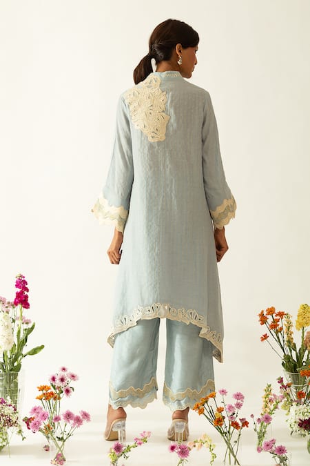 Shop_Neitri_Aqua Cotton Pearls, Embroidery V-neck Blue Kurta Set _at_Aza_Fashions