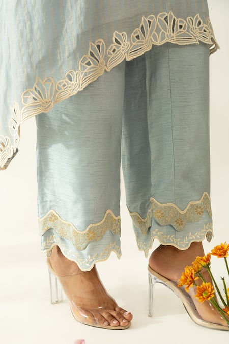 Shop_Neitri_Aqua Cotton Pearls, Embroidery V-neck Blue Kurta Set _Online_at_Aza_Fashions