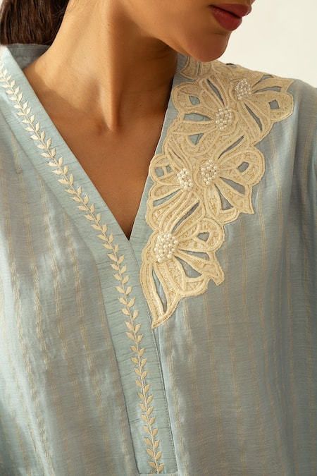 Neitri_Aqua Cotton Pearls, Embroidery V-neck Blue Kurta Set _at_Aza_Fashions