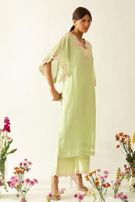 Neitri_Green Chanderi, Silk Embroidery Mandarin Collar Sage Meadow Mist Kurta Set _Online_at_Aza_Fashions