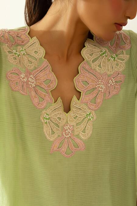 Neitri_Green Chanderi, Silk Embroidery Mandarin Collar Sage Meadow Mist Kurta Set _at_Aza_Fashions