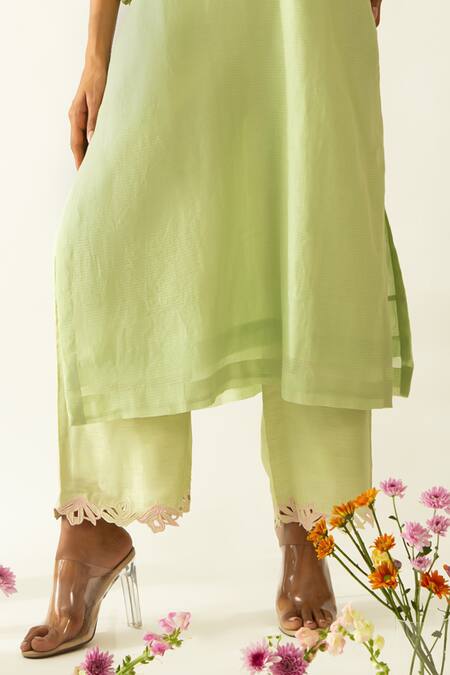 Buy_Neitri_Green Chanderi, Silk Embroidery Mandarin Collar Sage Meadow Mist Kurta Set 