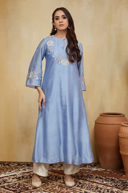 Mushio Blue Embroidery Round Neck Floral Kurta Set Online at Aza Fashions Mushio_Blue Embroidery Round Neck Floral Kurta Set _Online_at_Aza_Fashions