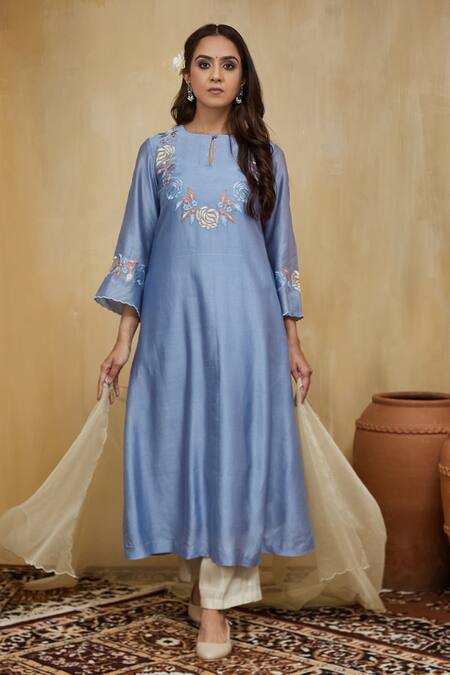 Buy Mushio Blue Embroidery Round Neck Floral Kurta Set Online at Aza Fashions Buy_Mushio_Blue Embroidery Round Neck Floral Kurta Set _Online_at_Aza_Fashions